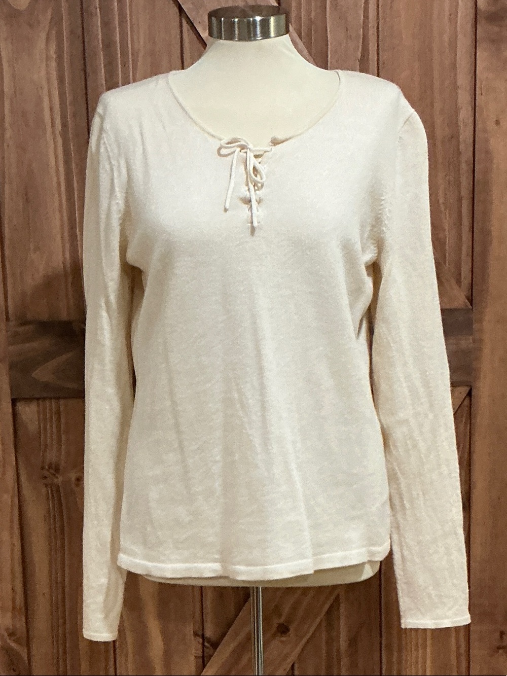 Talbots Cream Lace-Up Long Sleeve Tee
